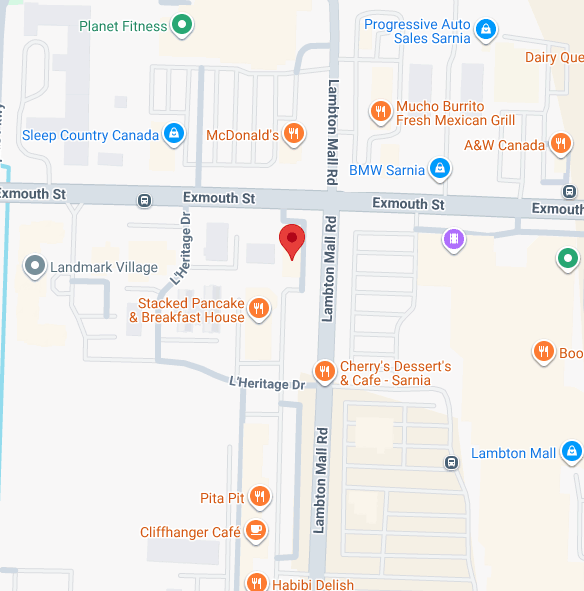 Sarnia Coin Exchange location map showing 1200 Lambton Mall Road, Unit #3, at the southwest corner of Exmouth Street and Lambton Mall Road in Sarnia, Ontario